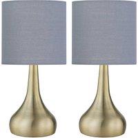 First Choice Lighting Set of 2 Romana - Antique Brass Touch Table Lamps Grey Cotton Shade in Bronze