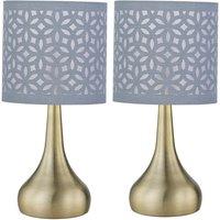 First Choice Lighting Set of 2 Romana - Antique Brass Touch Table Lamps Grey Laser Cut Shade in Bronze