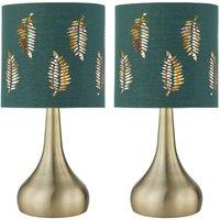First Choice Lighting Set of 2 Romana - Antique Brass Touch Table Lamps Green Fern Shades in Bronze