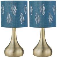 First Choice Lighting Set of 2 Romana - Antique Brass Touch Table Lamps Teal Fern Shade in Bronze