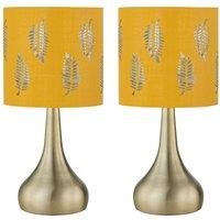 First Choice Lighting Set of 2 Romana - Antique Brass Touch Table Lamps Ochre Fern Shade in Bronze
