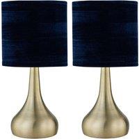 First Choice Lighting Set of 2 Romana - Antique Brass Touch Table Lamps Blue Velvet Shades in Bronze