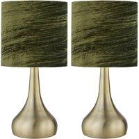 First Choice Lighting Set of 2 Romana - Antique Brass Touch Table Lamps Green Crushed Velvet in Bronze