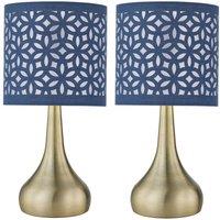 First Choice Lighting Set of 2 Romana - Antique Brass Touch Table Lamps Blue Cut Out Shade in Bronze
