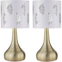 First Choice Lighting Set of 2 Romana - Antique Brass Touch Lamps with White Fern Shades in Gold