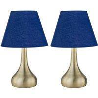 First Choice Lighting Set of 2 Romana - Antique Brass Touch Lamps with Navy Blue Shades in Gold