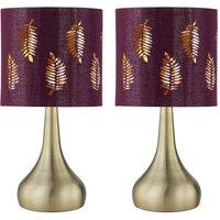 First Choice Lighting Set of 2 Romana - Antique Brass Touch Table Lamps with Burgundy Shade in Bronze