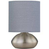 First Choice Lighting Jenson - Brushed Chrome Touch Table Lamp with Grey Cotton Shade in Silver