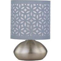 First Choice Lighting Jenson - Brushed Chrome Touch Table Lamp with Grey Laser Cut Shade in Silver