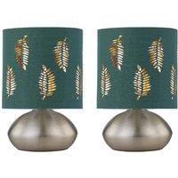 First Choice Lighting Set of 2 Jenson - Brushed Chrome Touch Table Lamps Green Fern Shade in Silver