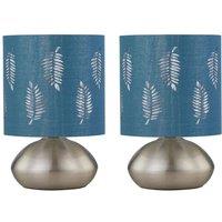 First Choice Lighting Set of 2 Jenson - Brushed Chrome Touch Table Lamps Teal Fern Shade in Silver