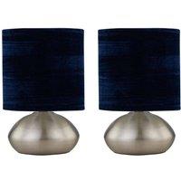 First Choice Lighting Set of 2 Jenson - Brushed Chrome Touch Table Lamps Blue Velvet Shade in Silver