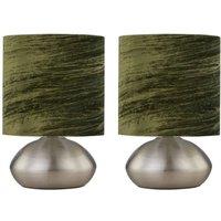 First Choice Lighting Set of 2 Jenson - Brushed Chrome Touch Table Lamps Green Velvet Shade in Silver