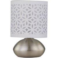 First Choice Lighting Jenson - Brushed Chrome Touch Table Lamp with White Laser Cut Shade in Silver