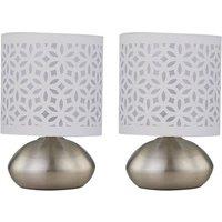 First Choice Lighting Set of 2 Jenson - Brushed Chrome Touch Table Lamps White Cut Out Shade in Silver