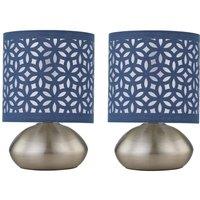 First Choice Lighting Set of 2 Jenson - Brushed Chrome Touch Table Lamps Blue Cut Out Shade in Silver