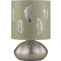 First Choice Lighting Jenson - Brushed Chrome Touch Table Lamp with Sage Fern Shade in Silver