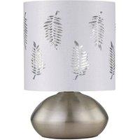 First Choice Lighting Jenson - Brushed Chrome Touch Table Lamp with White Fern Shade in Silver