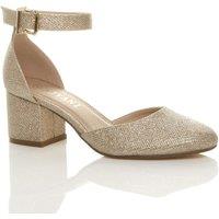 AJVANI Women's Mid Block Heel Ankle Strap 2 Part Heels in Gold | Size: 7