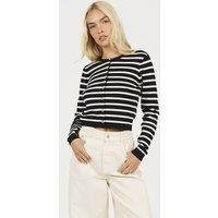 Brave Soul Women's Stripe Crew Neck Cardigan With Gold Shank Buttons in Black | Size: Small