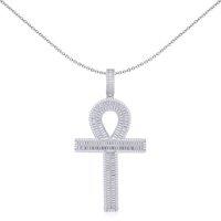 Jewelco London Silver Baguette CZ Encrusted Ribbed Ankh Cross Pendant