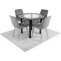 KOSY KOALA Round Black Glass Dining Table Set with 4 Grey Velvet Chairs