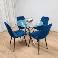 KOSY KOALA Dining Table Set Round Glass Table With 4 Blue Velvet Chairs
