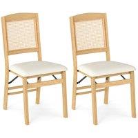 Costway 2PCS Folding Dining Chairs Rubber Wood Chairs w/ Linen Padded Seat in Natural