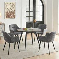 SONARA Dark Walnut Round Dining Table with 4 Faux Suede Dining Chairs Set in Grey