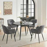 SONARA Black Marble Round Dining Table with 4 Faux Suede Dining Chairs Set in Grey