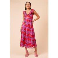 Dorothy Perkins Women's DP Luxe Printed Jacquard Chiffon Ruffle Front Sleeveless Midi Dress in Floral | Size: 18
