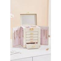 SHEONLY Women's Faux Leather Lockable Jewelry Storage Box with Big Mirror in White