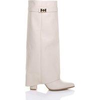 AJVANI Women's High Block Heel Pointed Toe Fold Over Knee Boots in Beige | Size: 5