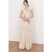 Maya Deluxe Women's Embellished Asymmetric Ruffle Maxi Dress in Nude | Size: 10