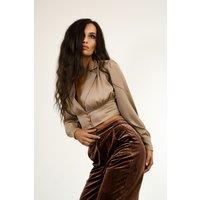 BALOU Women's Silk Cropped Long Sleeve Shirt in Natural | Size: 14
