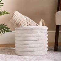 OHS Ribbed Faux Fur Storage Basket with Handles Compact Bucket Organiser in Natural