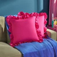 OHS 2 x Plain Faux Linen Frill Cushion Covers in Bright Pink | Size: 45 cm x 45 cm