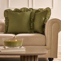 OHS 2 x Plain Faux Linen Frill Cushion Covers in Olive | Size: 45 cm x 45 cm