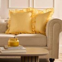 OHS 2 x Plain Faux Linen Frill Cushion Covers in Lemon | Size: 45 cm x 45 cm