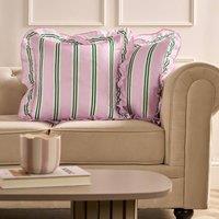 OHS 2 x Double Stripe Faux Linen Frill Cushion Covers in Pink | Size: 45 cm x 45 cm