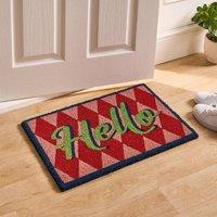OHS Hello Slogan Coir Doormat Diamond Check Non Slip Door Rug | Size: 40 x 60 cm