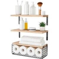 Harbour Housewares Rustic Wooden Shelves with Wire Storage Basket - Set of 3 Display Unit in Brown