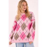 NastyGal Women's Brushed Argyle Ballon Sleeve Oversized Jumper in Pink | Size: Large