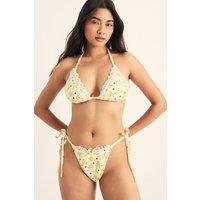 NastyGal Women's Lemon Polka Dot Textured Bow Triangle Bikini Set in Cream | Size: 16