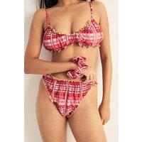 NastyGal Women's Check Contrast Lettuce Edge Ruffle Crop Bikini Set in Red | Size: 14
