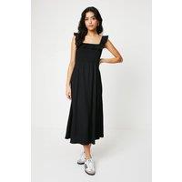 Dorothy Perkins Women's Petite Shirred Bodice Ruffle Neckline Jersey Midi Dress in Black | Size: 8