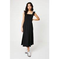 Dorothy Perkins Women's Petite Shirred Bodice Ruffle Neckline Jersey Midi Dress in Black | Size: 10