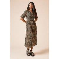 Dorothy Perkins Women's Petite Leopard Puff Sleeve Shirred Bodice Jersey Midi Dress | Size: 6