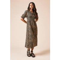 Dorothy Perkins Women's Petite Leopard Puff Sleeve Shirred Bodice Jersey Midi Dress | Size: 8