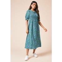 Dorothy Perkins Women's Petite Floral Puff Sleeve Shirred Bodice Jersey Midi Dress | Size: 6